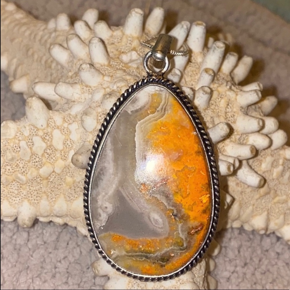 Sterling Silver Bumblebee Jasper Teardrop Pendant - Orange & Gray